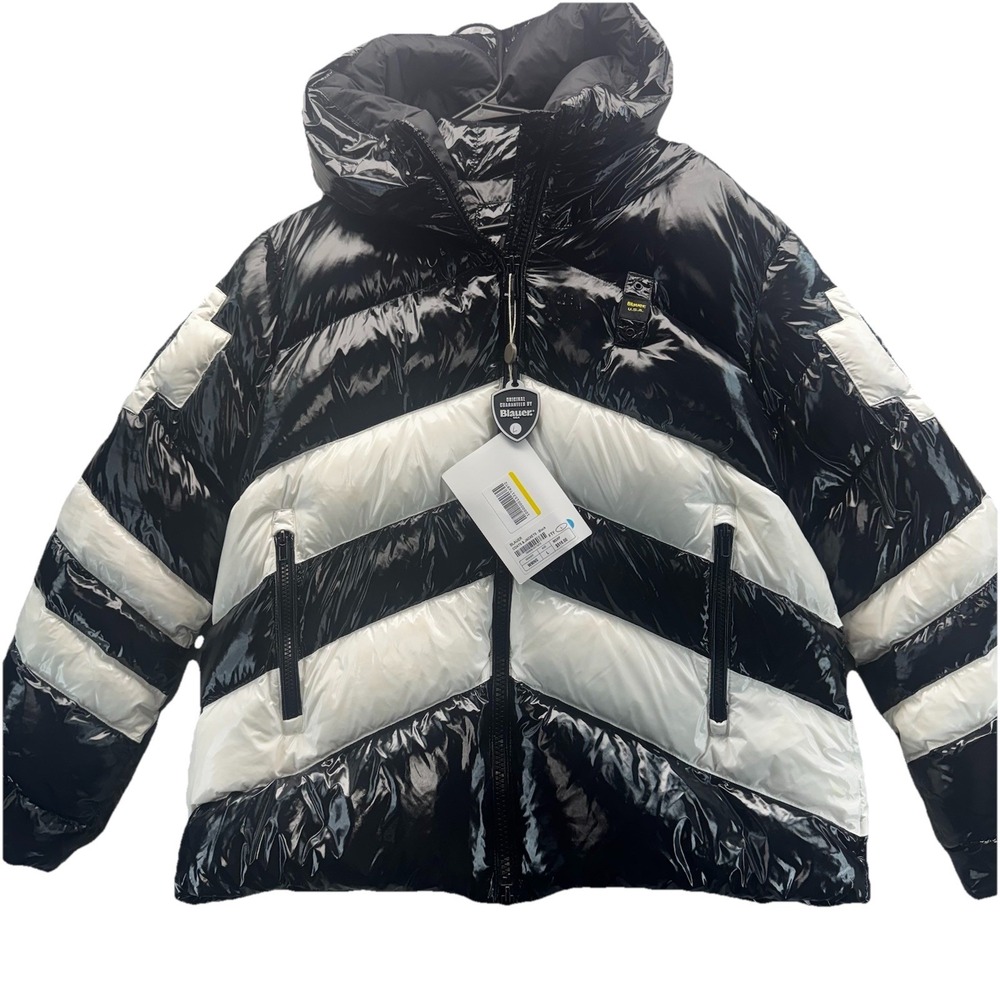 Blauer USA Glossy Puffer Jacket Womens Large Black White Hooded NWT MSRP $516